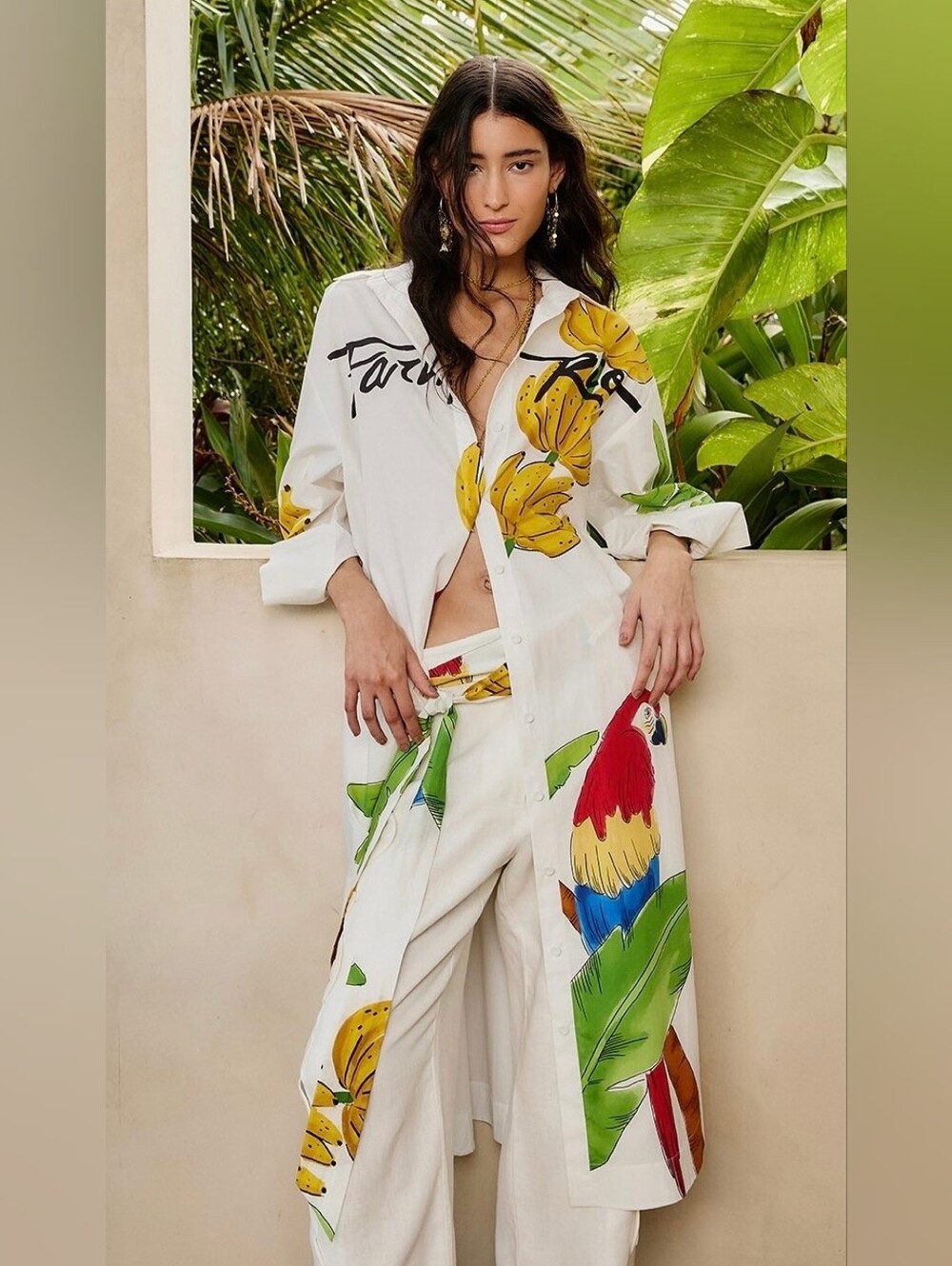 FARM RIO Off-White Tropical Parrot &Banana Organic Cotton Chemise Midi Dress NWT - Picture 5 of 7